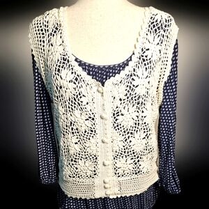 Cream Crochet with Floral Design Summer Layering Cotton Vest Medium